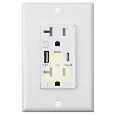Warm White Night Light USB Outlet 20A 125V 60Hz 5V 4.2A