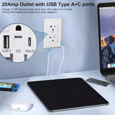Warm White Night Light USB Outlet 20A 125V 60Hz 5V 4.2A