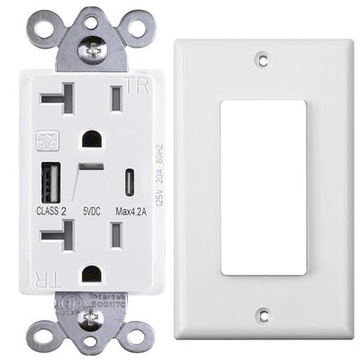 Warm White Night Light USB Outlet 20A 125V 60Hz 5V 4.2A