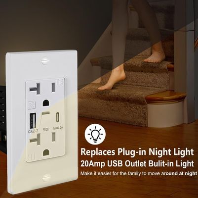 Warm White Night Light USB Outlet 20A 125V 60Hz 5V 4.2A
