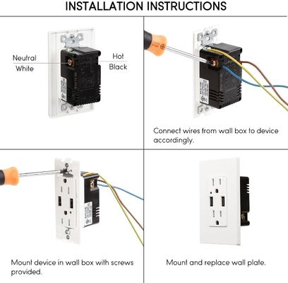 PC ABS Secure Type A USB Wall Outlet 15A 125V AC 60Hz