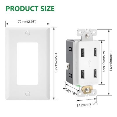 Wall Mounted USB Wall Outlet 4 Charging Ports 125V AC 60Hz