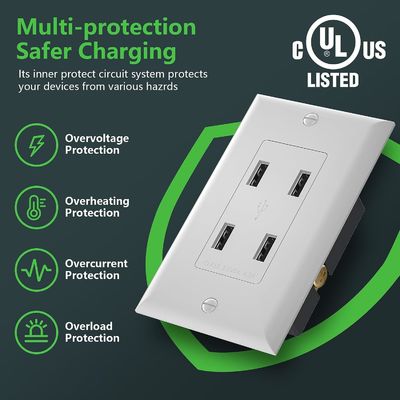 Wall Mounted USB Wall Outlet 4 Charging Ports 125V AC 60Hz