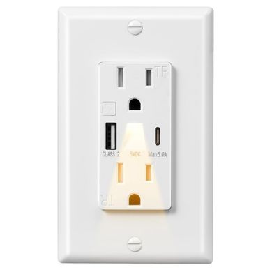 Tamper Resistant USB Type C Receptacle 15A With 0.2W Night Light Power