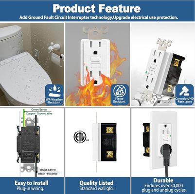 15A 125V 60Hz GFCI Power Outlet Safe Socket Wall Mounted Self grounding