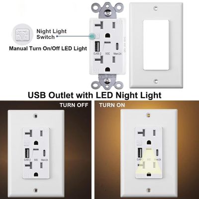 Warm White Night Light USB Outlet 20A 125V 60Hz 5V 4.2A